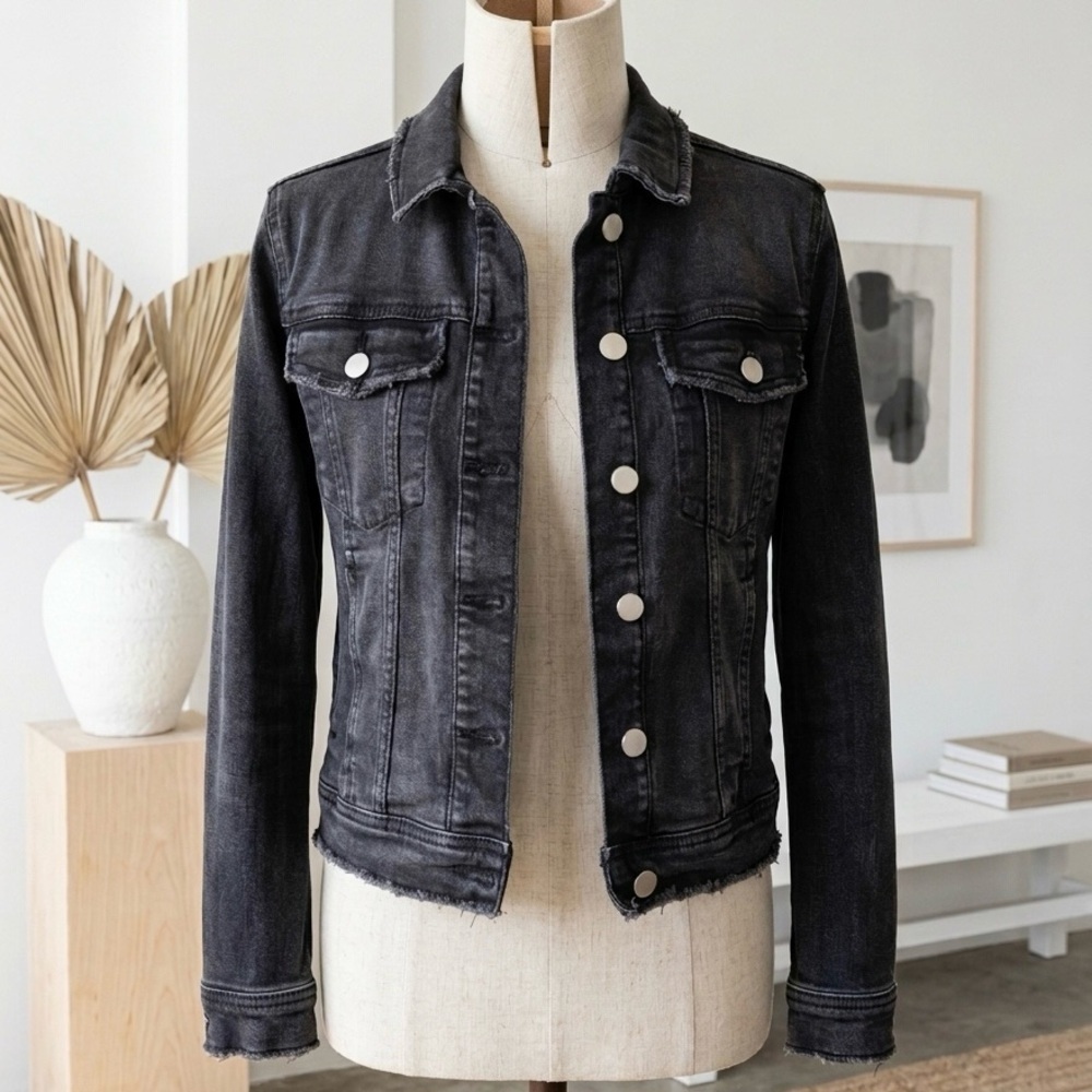 Zara| Black Oversized Stone Washed Distressed Denim Jean Jacket Sz S